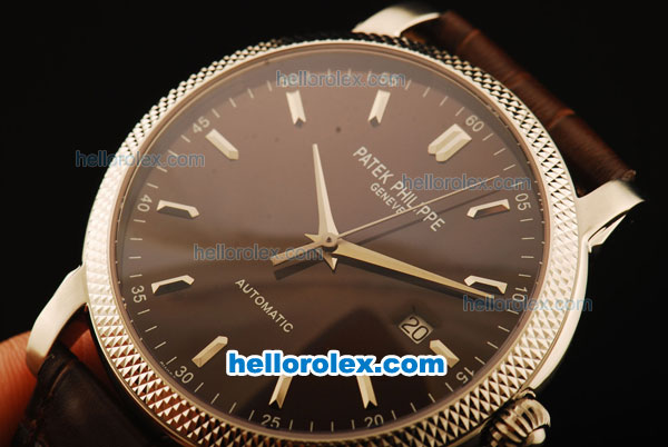 Patek Philippe Calatrava Swiss ETA 2824 Automatic Steel Case with Black Dial and Brown Leather Strap - Click Image to Close